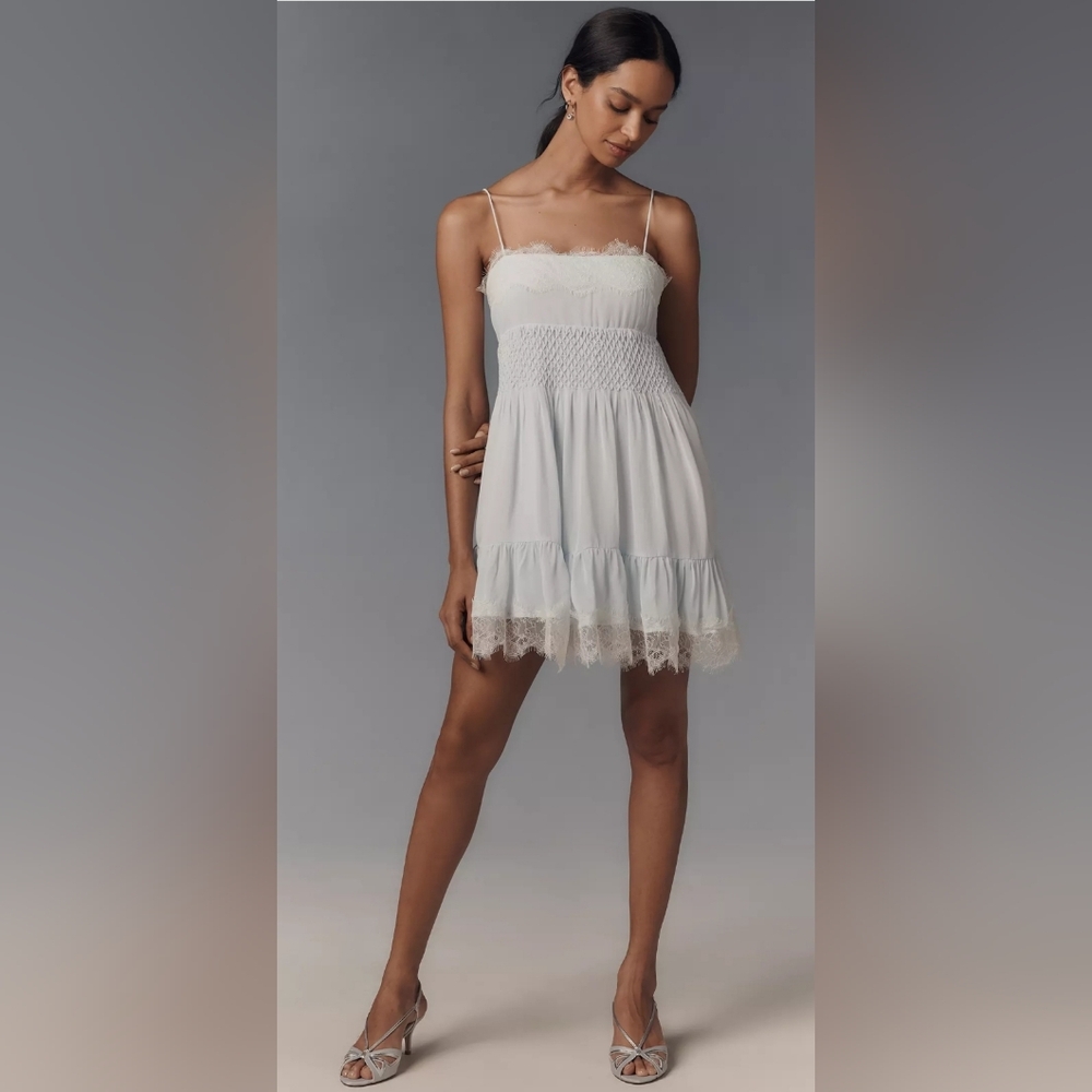 Anthropologie Sleeveless Lace Mini Dress In Light Blue